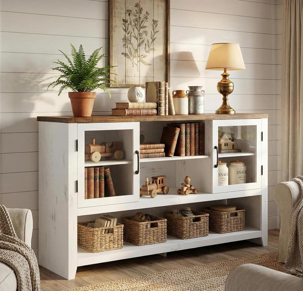 53" Modern Kitchen Buffet Sideboard Cabinet with Glass Doors - White