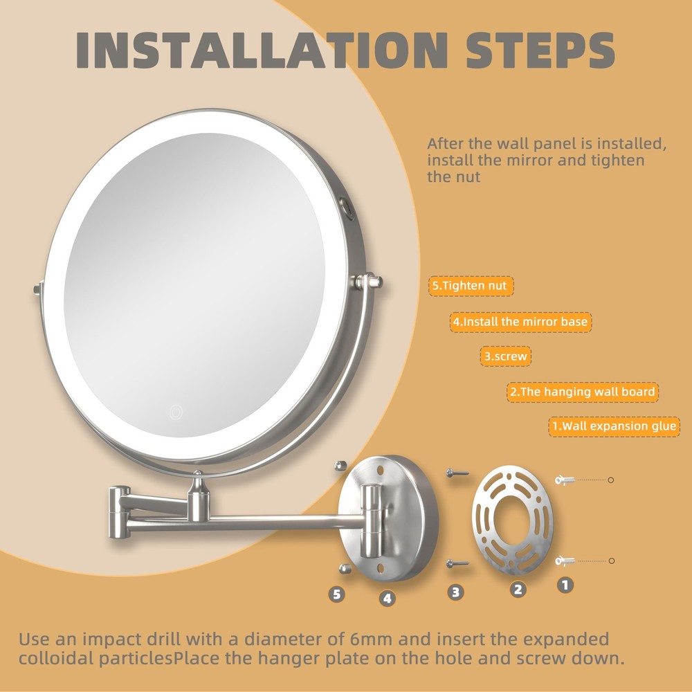 8.5" Wall Mounted Makeup Mirror with Light, 2000mAh Rechargeable Double Sided...