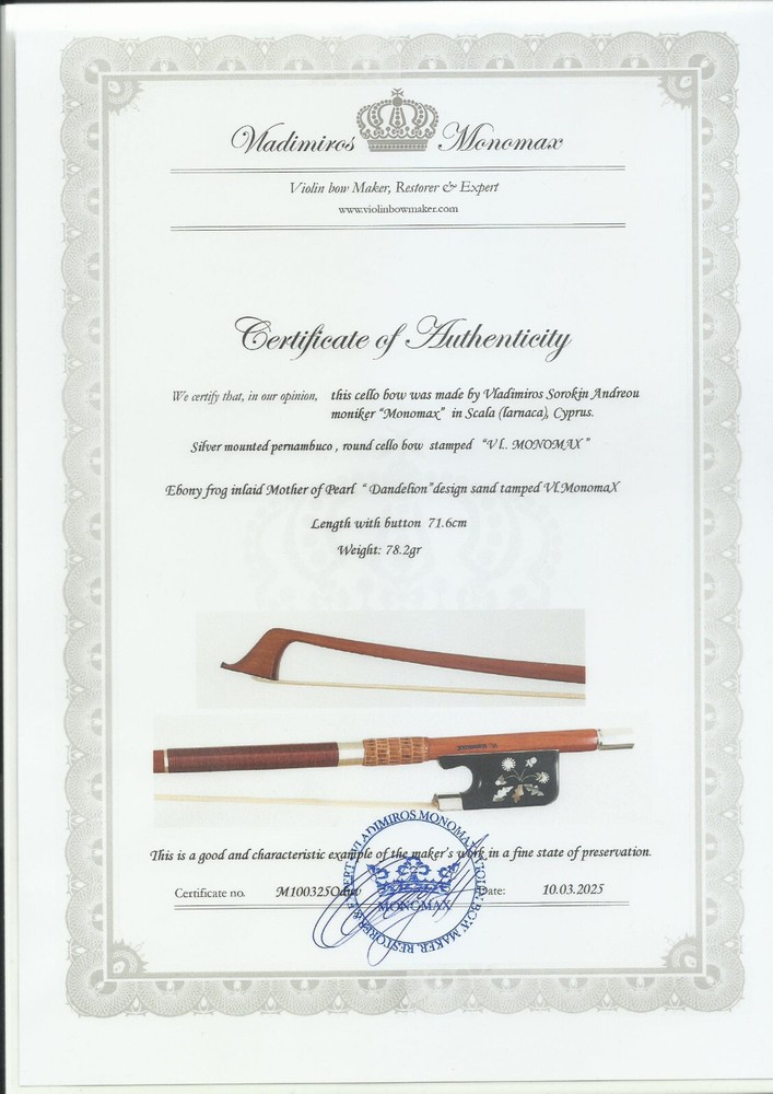 Certificate ONLY for Silver pernambuco cello bow, frog with "Dandelion" design.