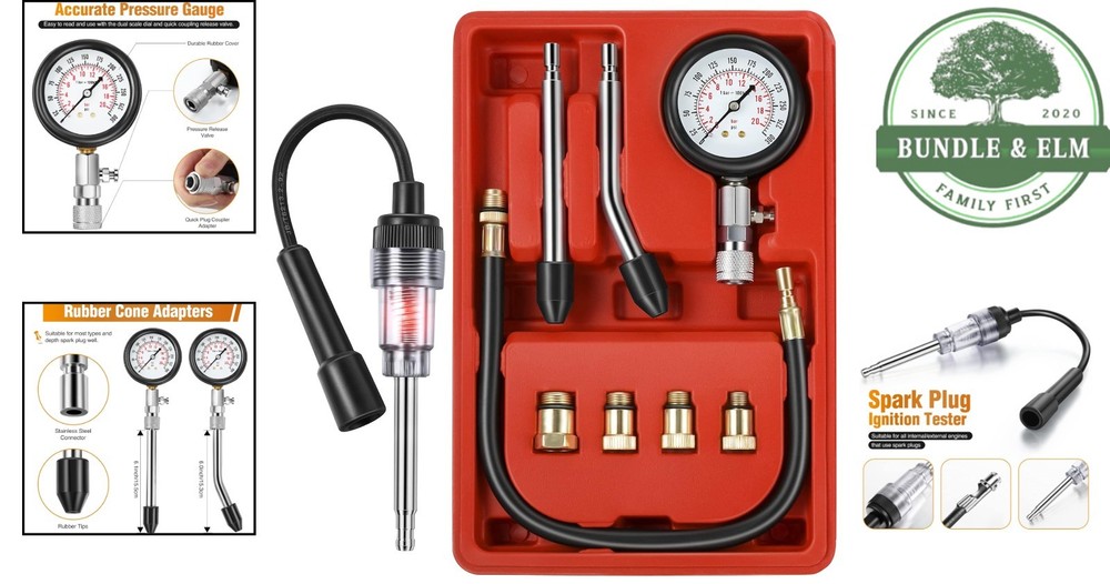 Complete Engine Testing Tool Kit with Compression Gauge and Rubber Adapters