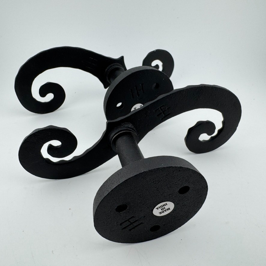 1 Pair - Black Galvanized Iron Scroll Post Mount Shutter Dogs w/ Hammered Edge