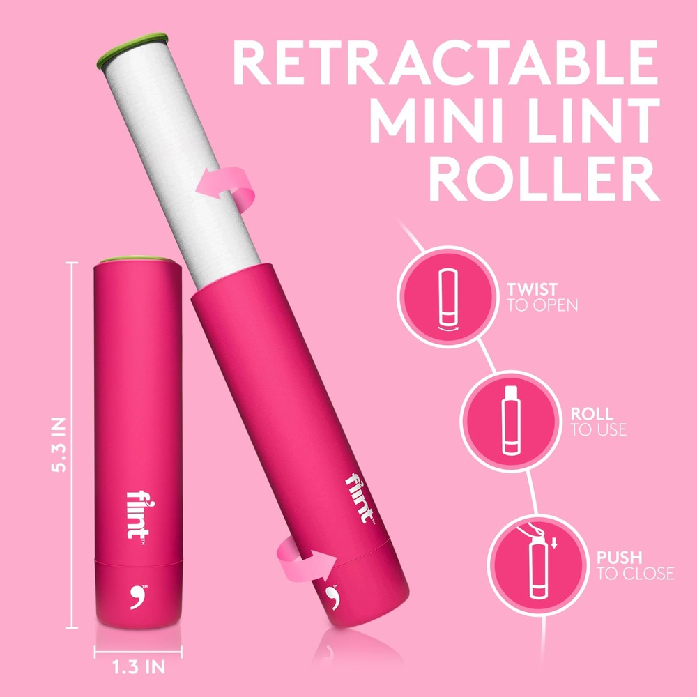 Flint Classic Pink Retractable Mini Lint Roller with 90 Extra 90 Sheets,