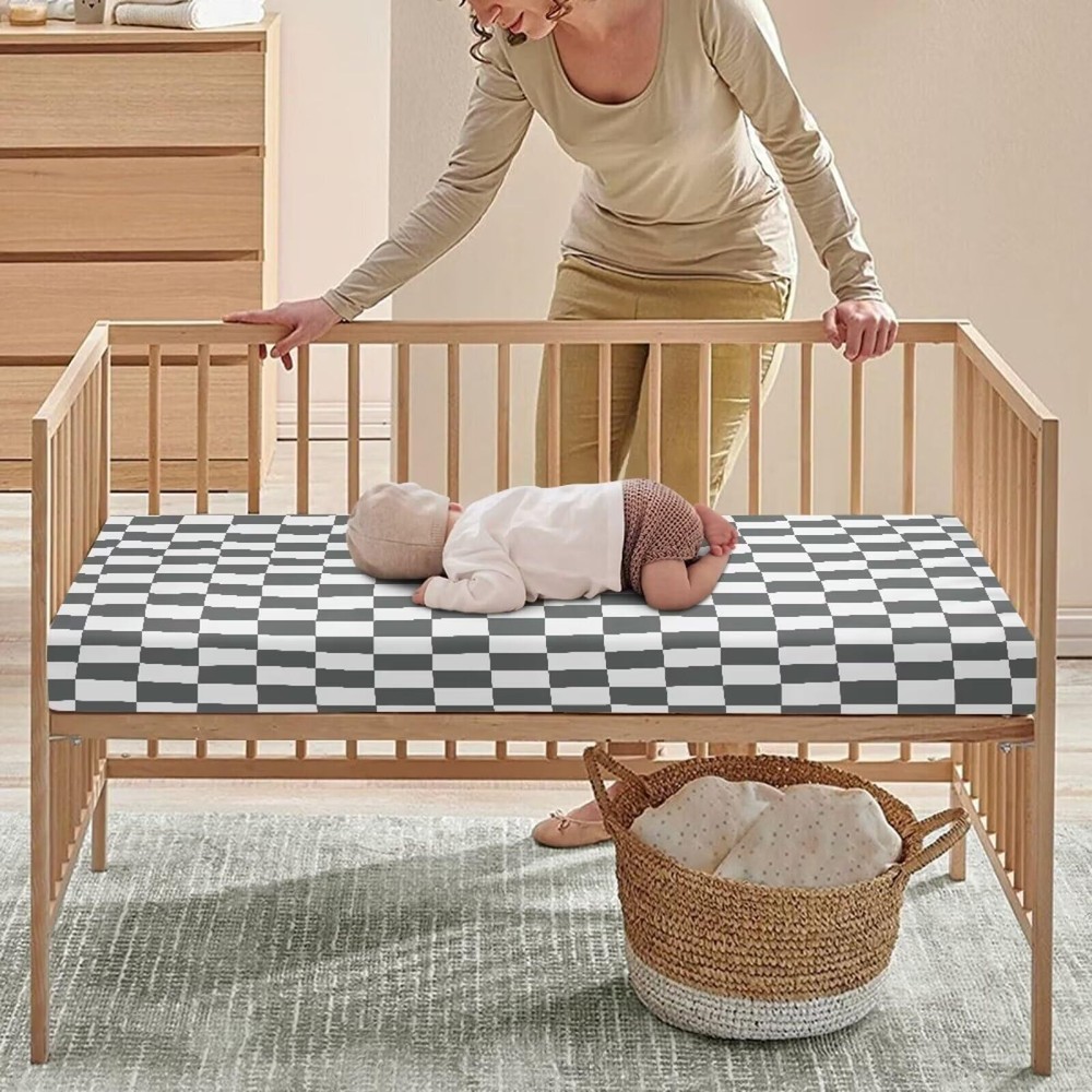 Checkered Fitted Crib Sheet Grey and White Plaid Geometric Gingham Standard C...