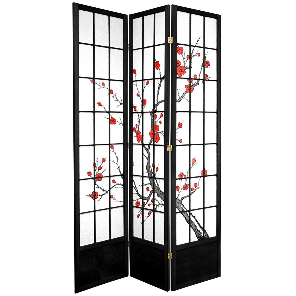7 ft. Tall Cherry Blossom Shoji Screen - Black - 3 Panels
