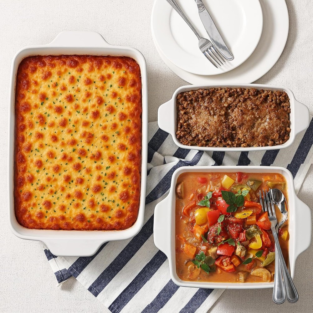 Set of 3 Nesting Ceramic Rectangular Deep Baking Dishes w/ Handles Soft White