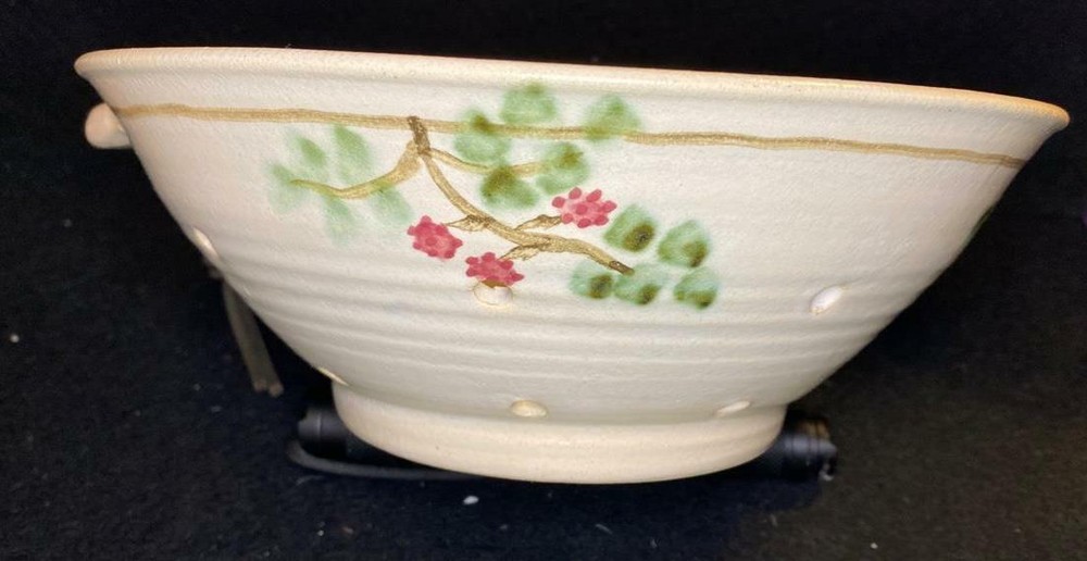 Hand Thrown Cherry Blossom Pottery Colander Signed Unknown Maker