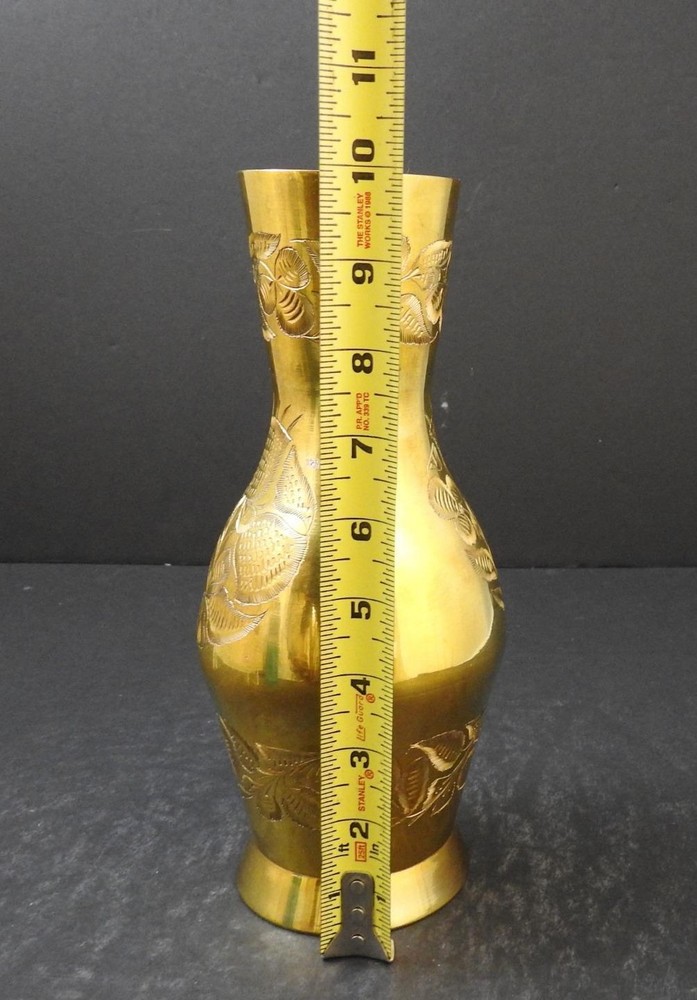 Vintage Solid Brass Etched Leaf Design Vase Numbered India 10" W13