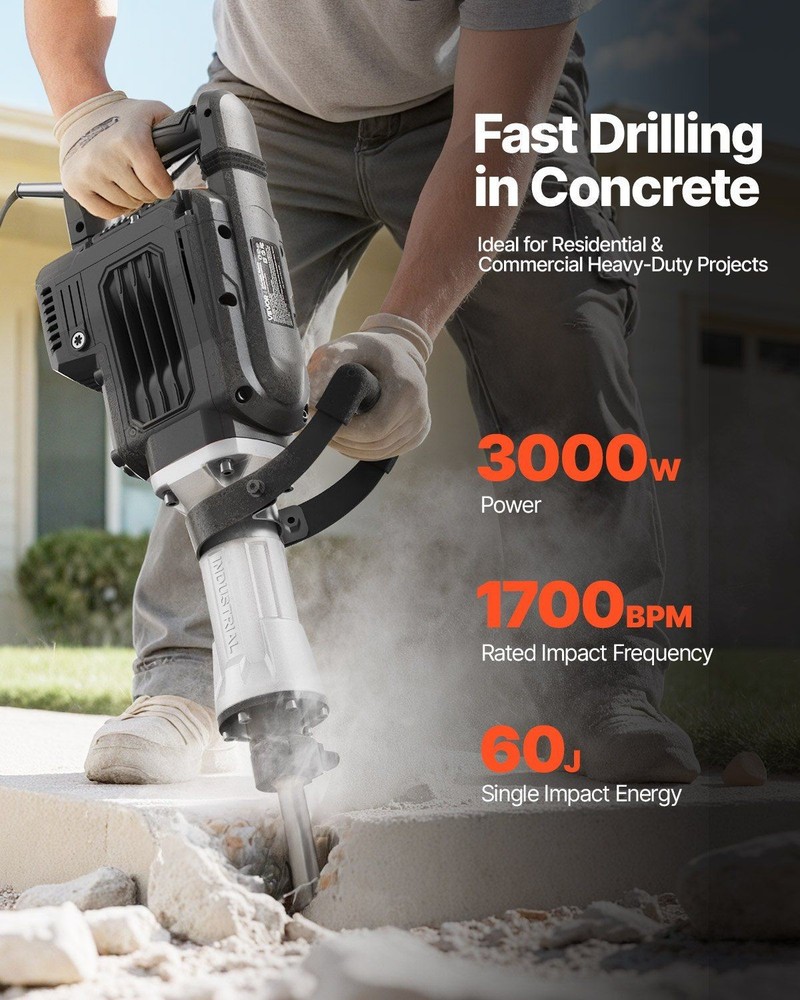 3000W 1700BPM Demolition Hammer with Grip Handle Chisel