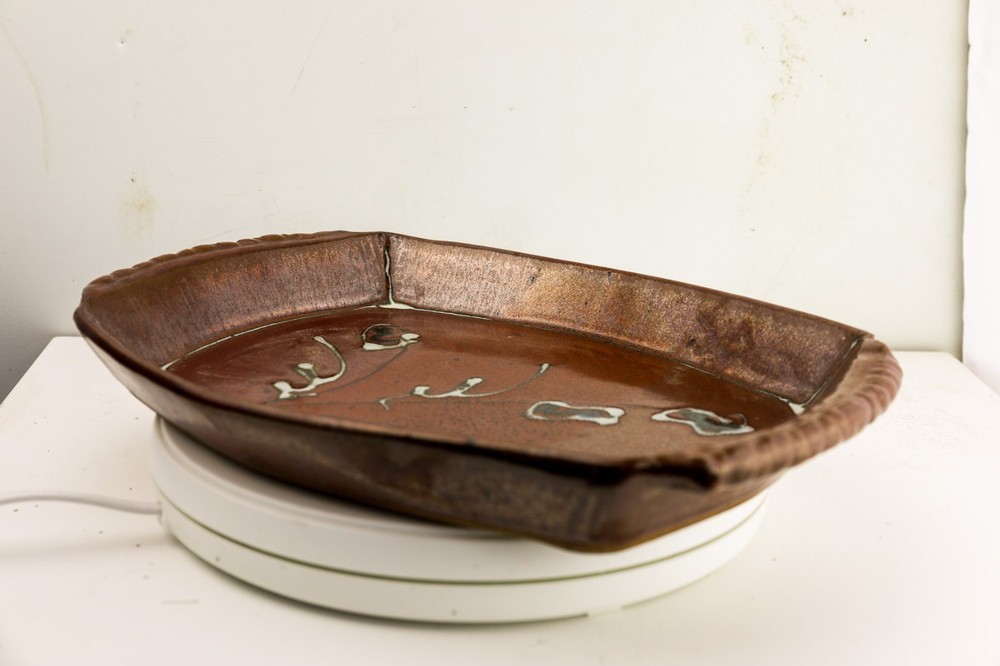 Studio Pottery Tray Platter Signed HB Brown Glaze Handmade Ceramic