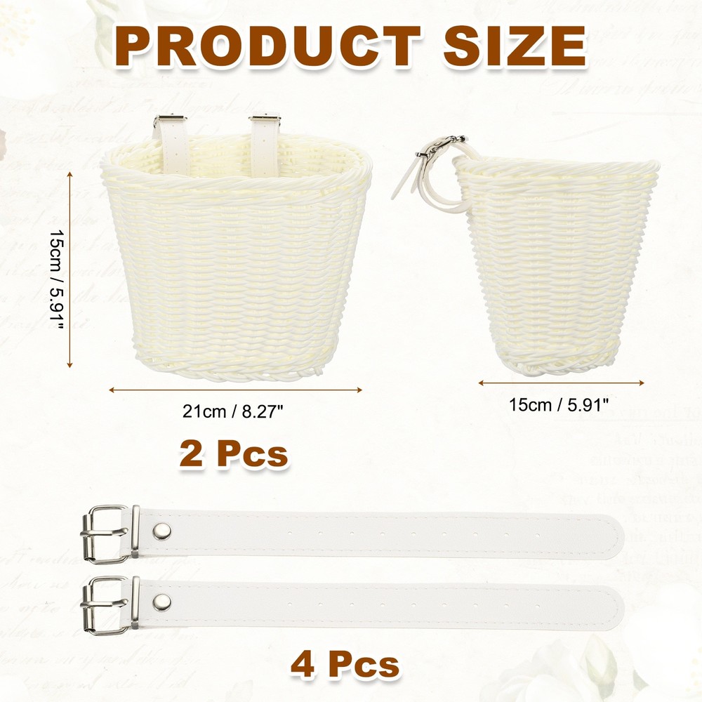 2 Pack Handwoven Wicker Rainbow Bicycle Basket with Adjustable, White