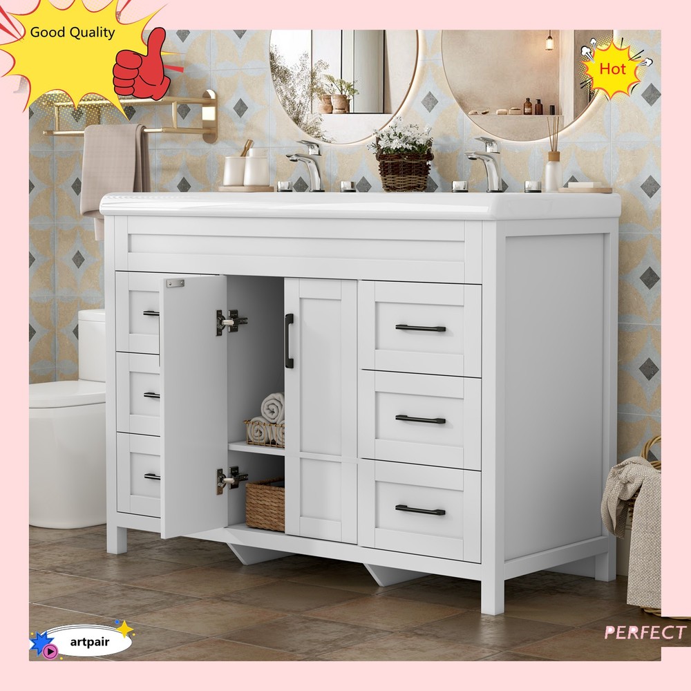 47" Bathroom Vanity Set & Double Ceramic Sinks Artificial Marble Countertop , US