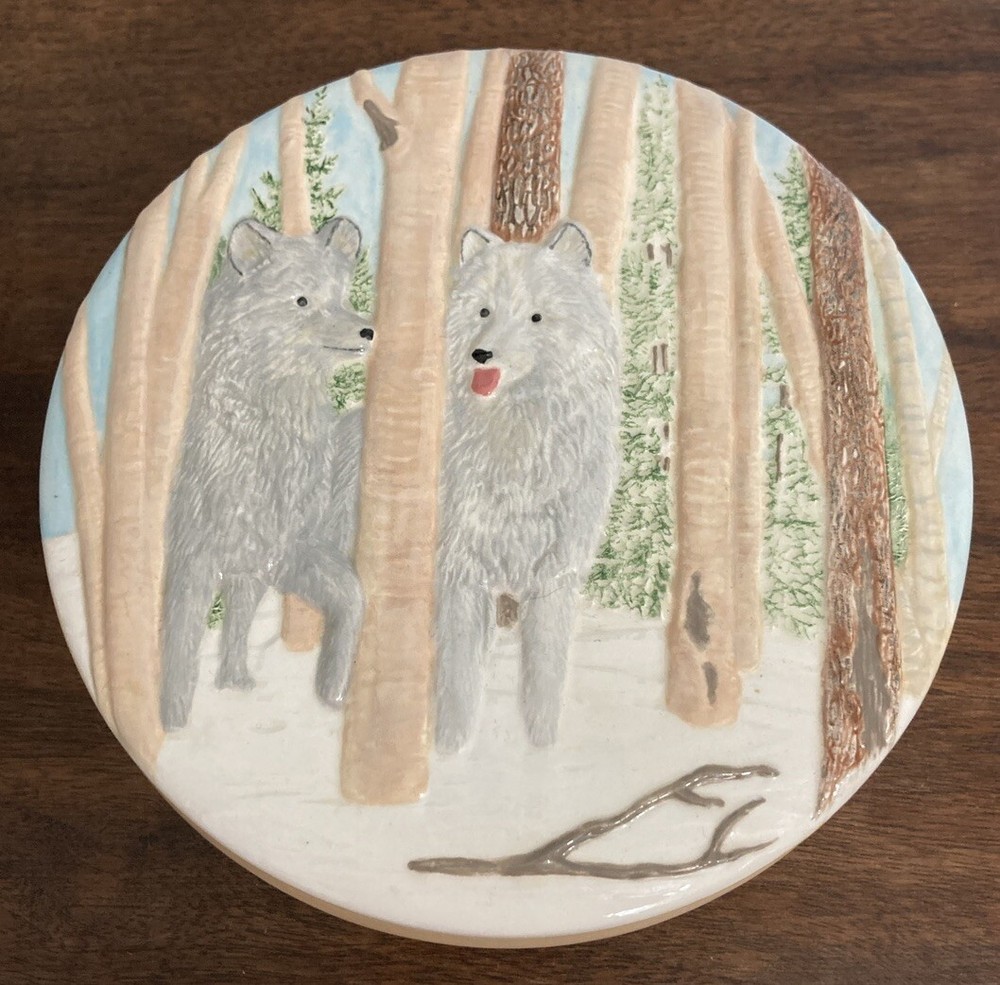 Wolves And Trees Round Ceramic Storage Container Box 7” X 3” Decorative Winter