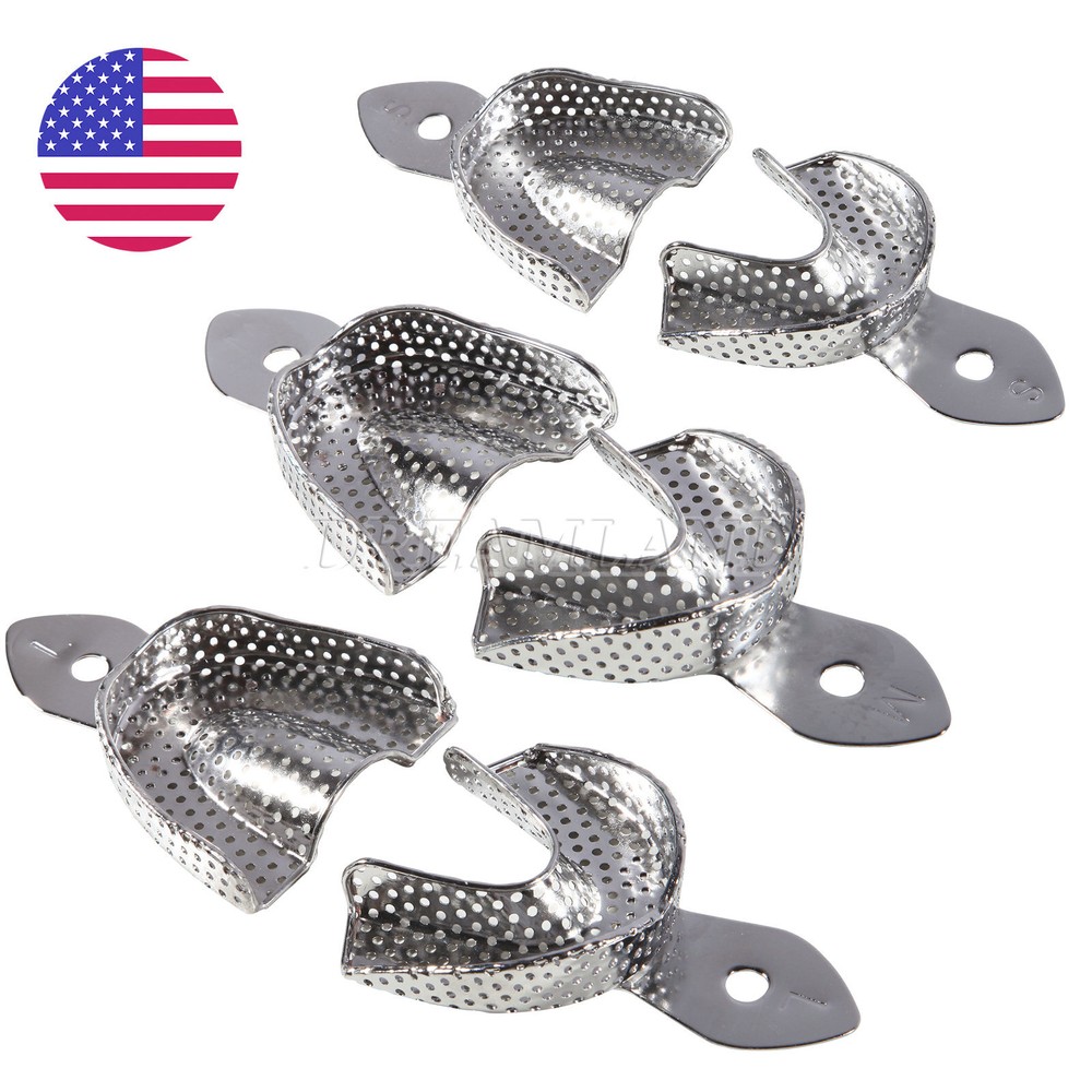 6 Metal Dental Impression Trays set Perforated Upper & Lower Denture Instruments
