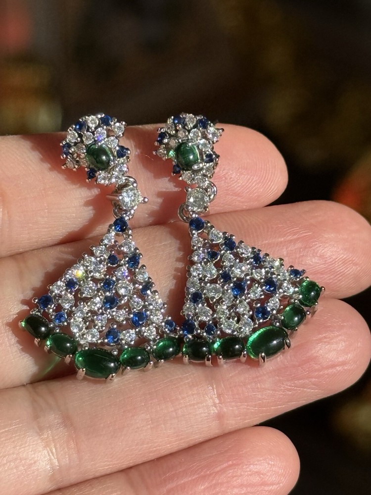 Mesmerizing Dancing Jade Dangle Drop Genuine Emerald Sapphire Earrings