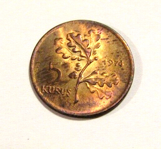 Turkey 1974 5 Kurus unc Red Bronze Coin