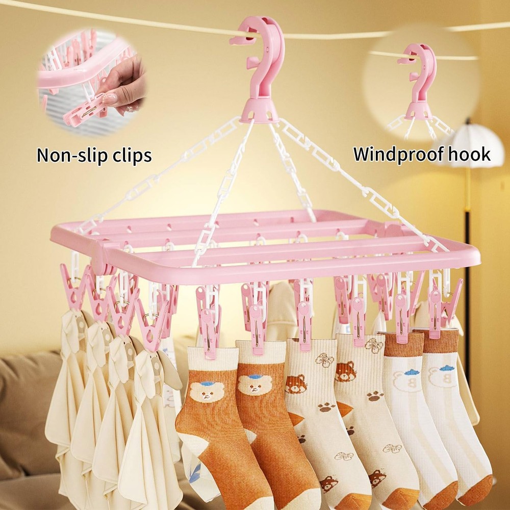 Clothes Drying Rack with 32 Clips, Foldable Hanging Rack, 360° Rotatable Hook...