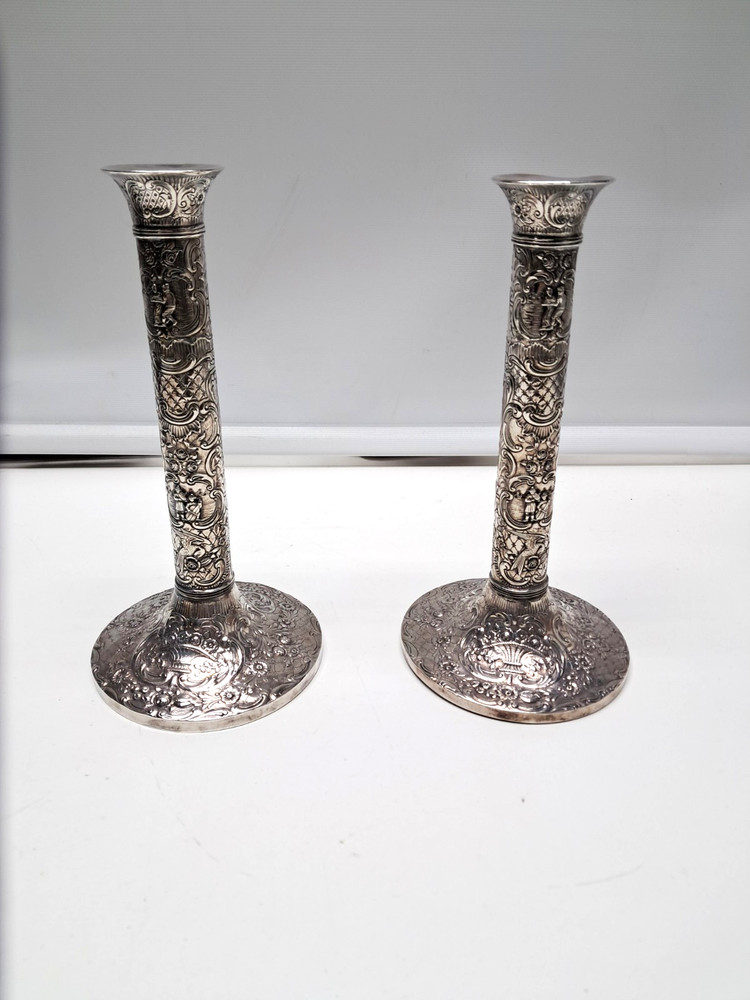Antique Silver-Plated Repousse Candlestick Holders