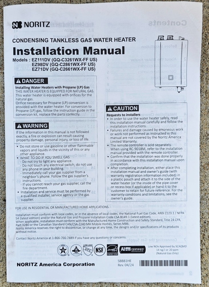 Noritz EZ98DV 199,000 BTU Indoor/Outdoor Residential Tankless Water Heater NG