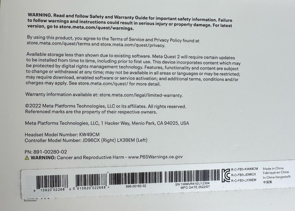 Meta Quest 2 128GB VR Headset Standalone System Controllers Tested Works - White