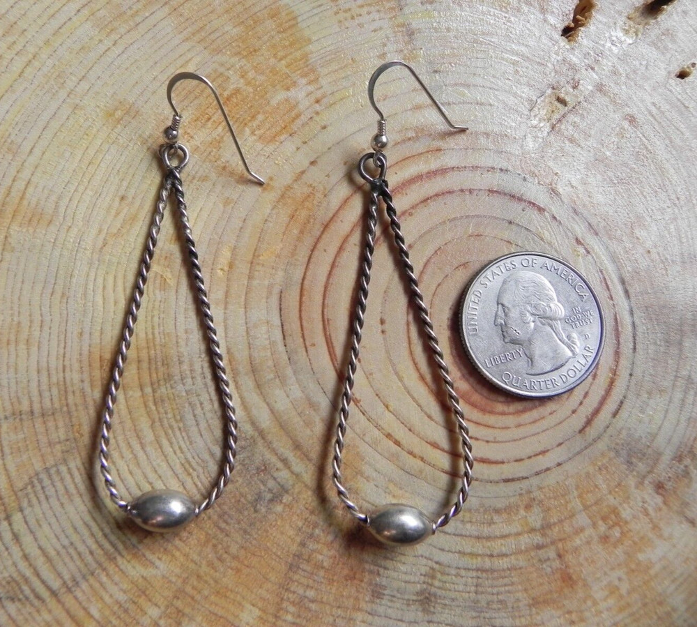 Twisted Sterling Silver w Oval Bead dangle Earrings Navajo