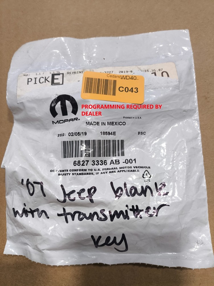 Genuine Mopar Blank With Transmitter Key 68273336AB