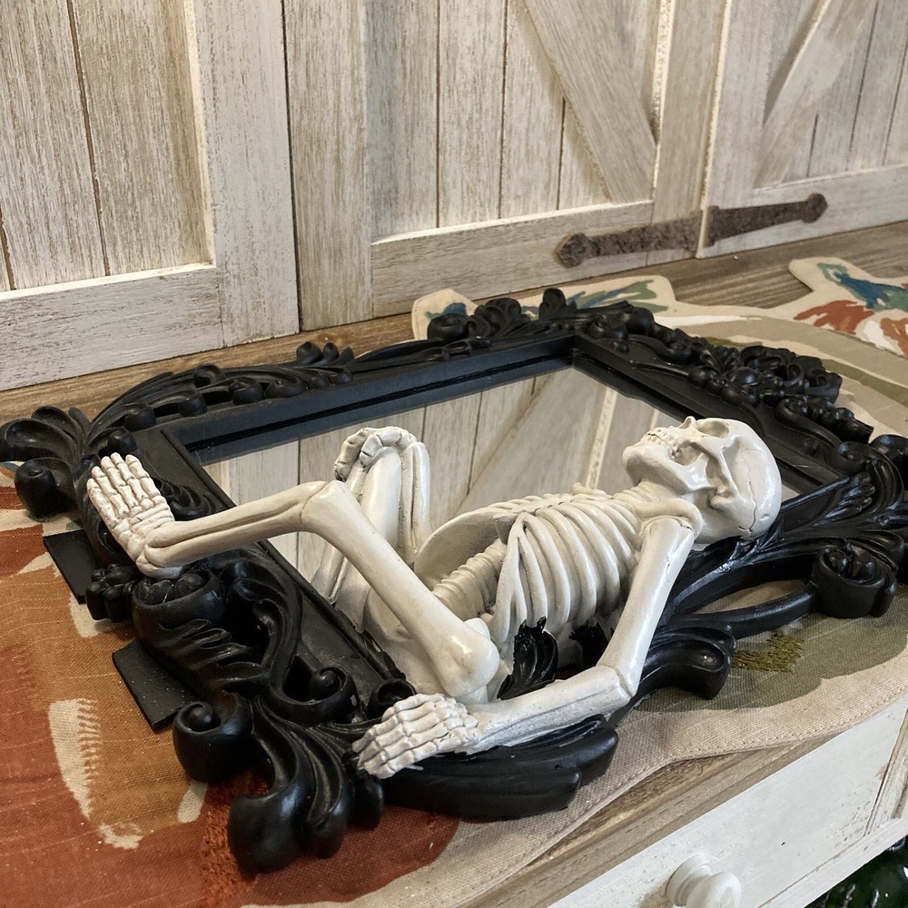 Skeleton Mirror | Halloween Gothic Decor | Ornate Black Framed Mirror