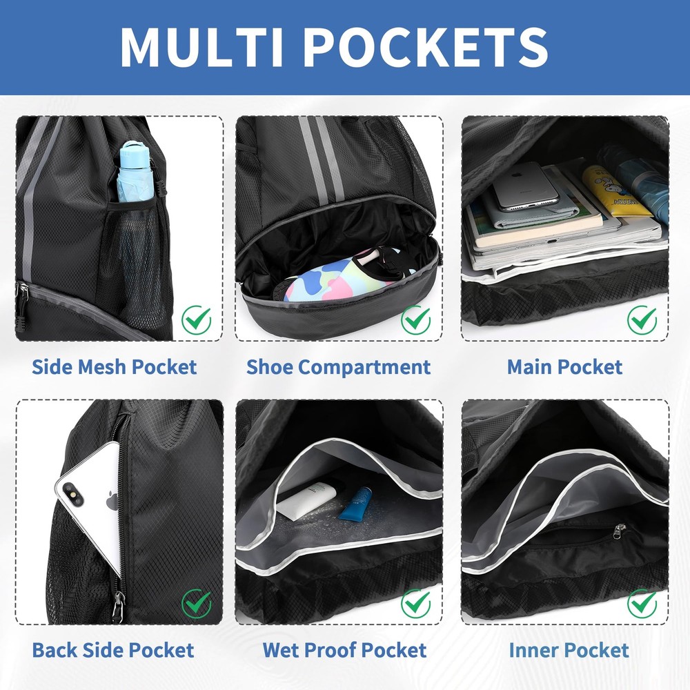 JELUTAR Drawstring Backpack Gym Bag with Shoes Compartment for Large, Black