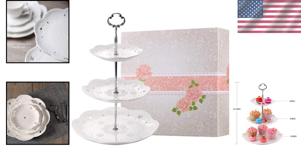 Pure White Ceramic 3-Tier Dessert Tray with Silver Bracket - Easy Assembly