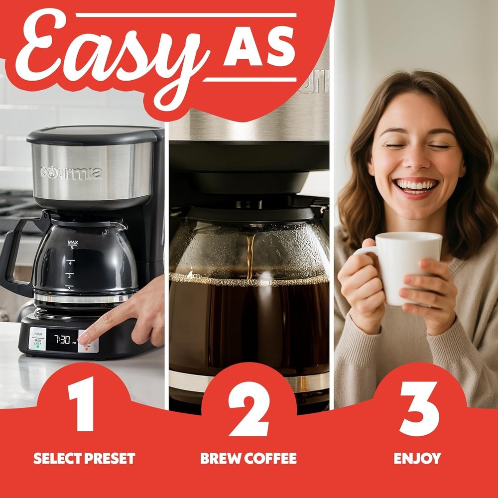 "Gourmia 5-Cup Drip Coffee Maker, One-Touch Brew, Keep Warm, Black"
