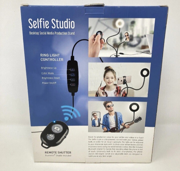 Merkury Desktop Selfie Studio Vlogging Ring Light Phone Holder with Remote.