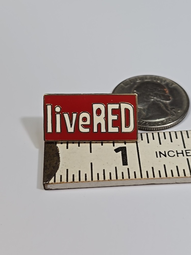 Live Red Lapel Pin White Letters Red Background