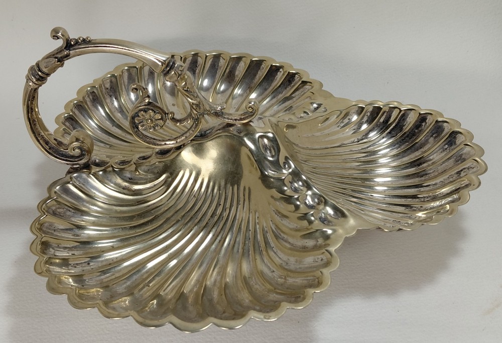 Antique Silverplate 3 Compartment Scallop Shell Seashell Handled Serving Dish