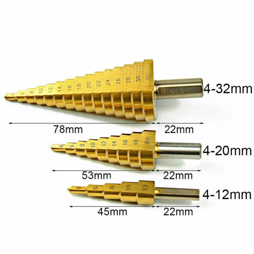 3Pcs HSS Step Cone Drill Bit Set Titanium Hole Cutter Tool with Pouch Metric