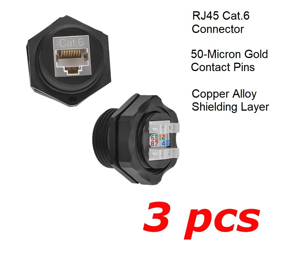 3 PACK - CAT6 RJ45 Shielded Water Resistant Industrial Panel Mount Bulkhead Jack