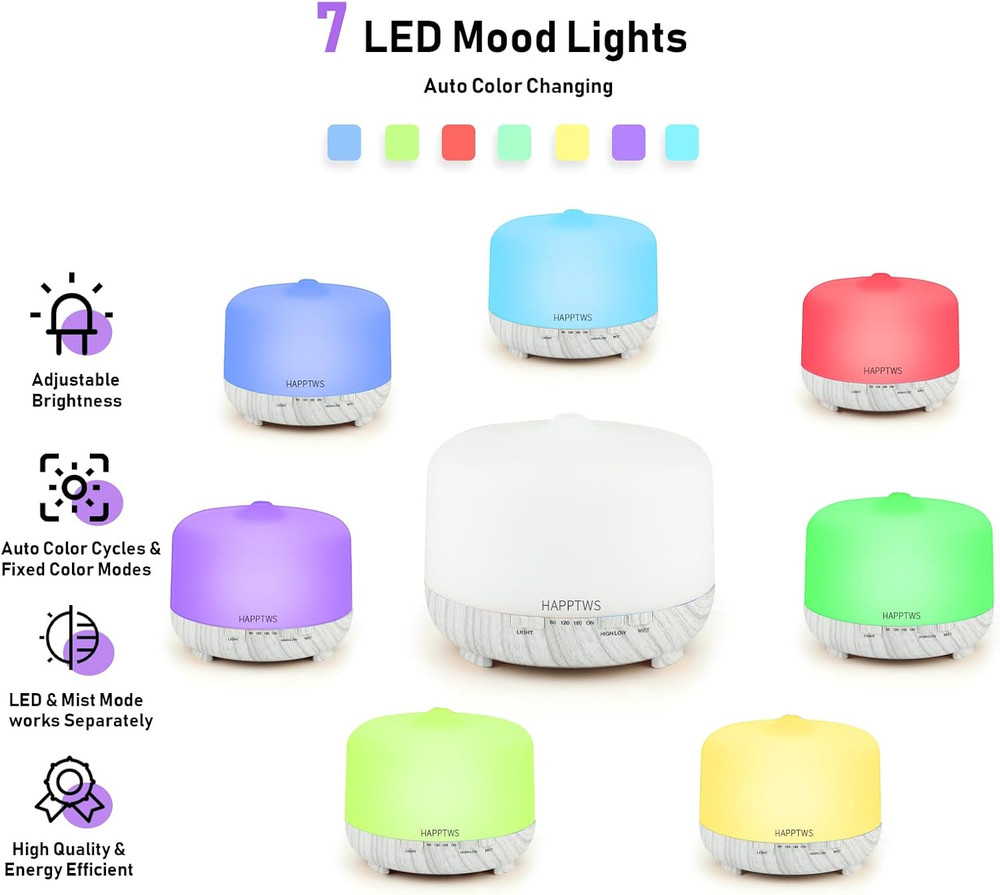 500ml Essential Oil Diffuser - Cold Mist humidifier with 4 timers and 7 Color...