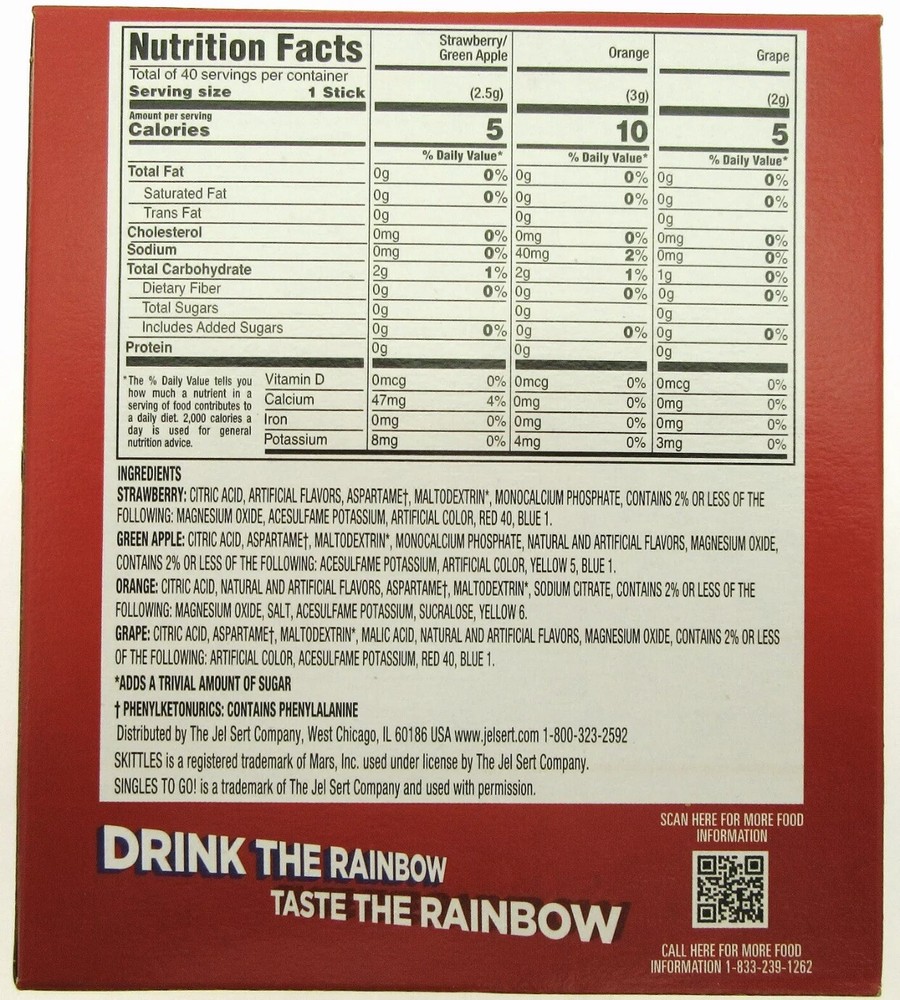 NEW! Skittles ~ 40 Sticks ~ Zero Sugar ~ Drink Mix
