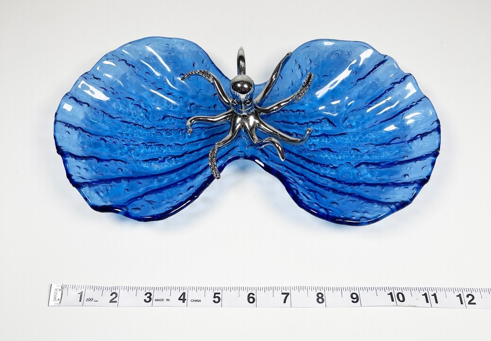 Mudpie Silver Octopus Blue Shell Shaped Glass Appetizer Dish Platter