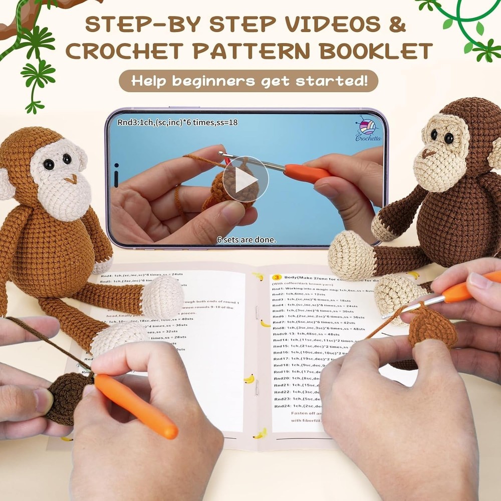 Beginner-Friendly Crochet Kit with Step-by-Step Tutorials - Amigurumi Monkey