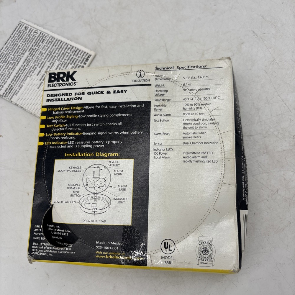 BRK 83R Electronics Smoke Detector Alarm Ionization System 9v Battery Operated