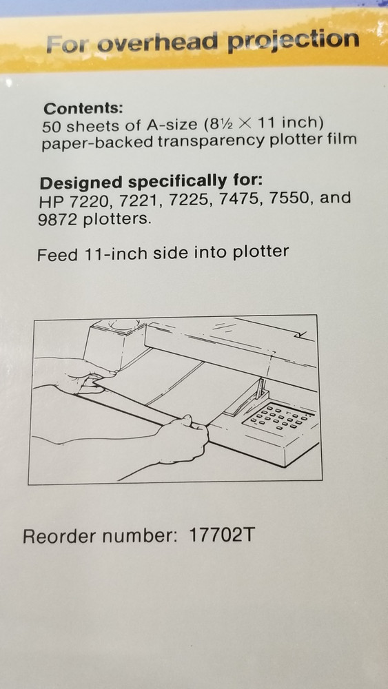 Sealed 50 Sheets- HP 11" Edge Loading Transparency Plotter FIlm Sheets A-Size