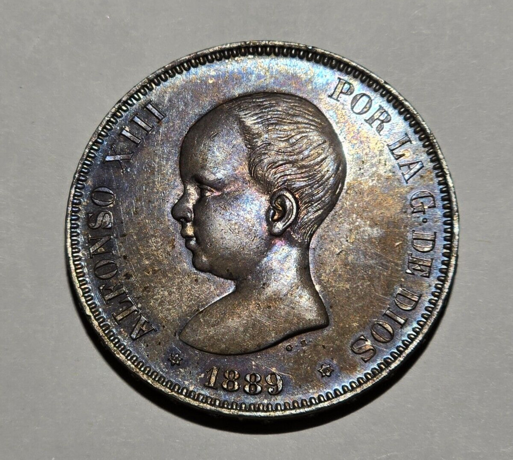 1889 Spain 5 Pesetas UNC Details Cleaned
