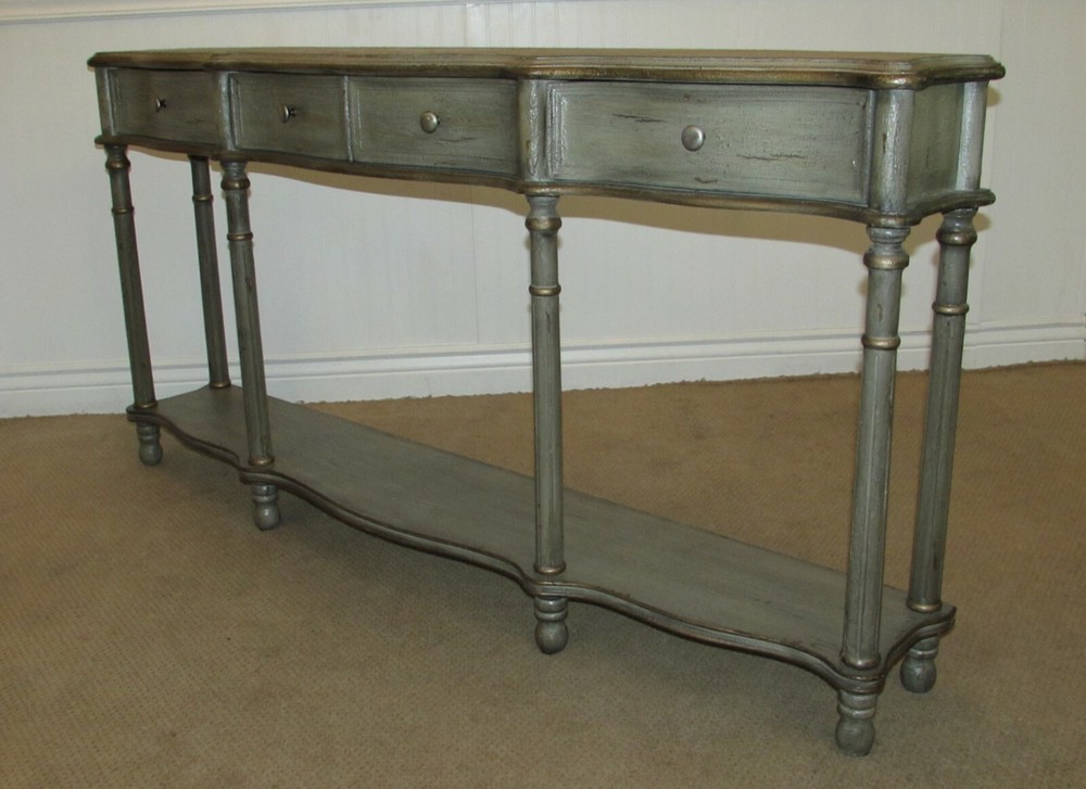 DECORATORS TWO TIER CONSOLE, SOFA TABLE, THREE DRAWERS, GREY FACTORY FINISH