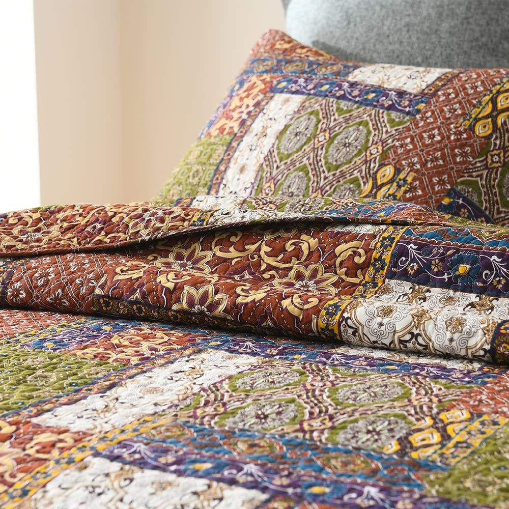 Cotton Bedspread Quilt Sets Reversible Bedding Coverlet Sets Comforter Patchw...