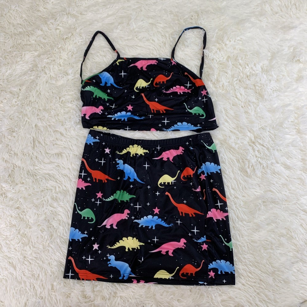 black multicolor dinosaur crop top mini skirt set medium