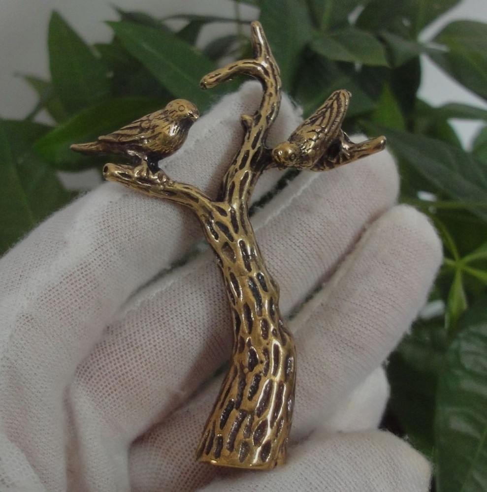 Antiqued Solid Brass Copper Tree and Two Birds Statue for Home Garden Decor