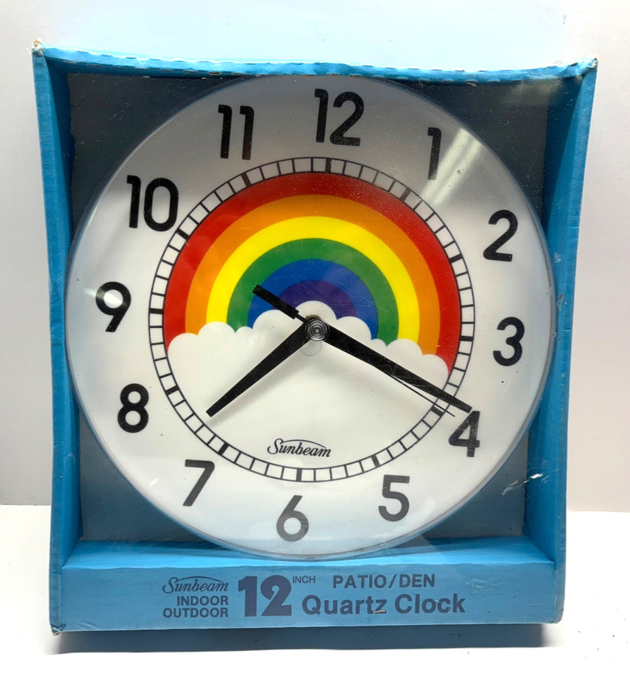 Vintage Springfeild Sunbeam 12" Rainbow Clouds Wall Clock NOS Sealed In Package