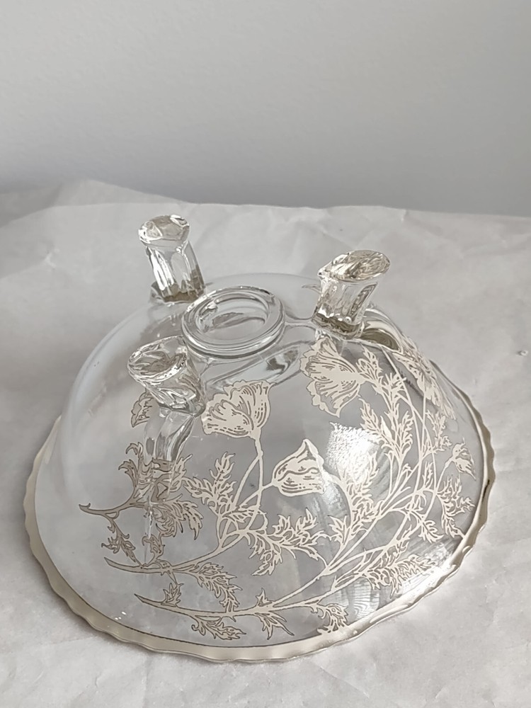 Silver Edged Glass Inlay Three Footed Dish Bowl