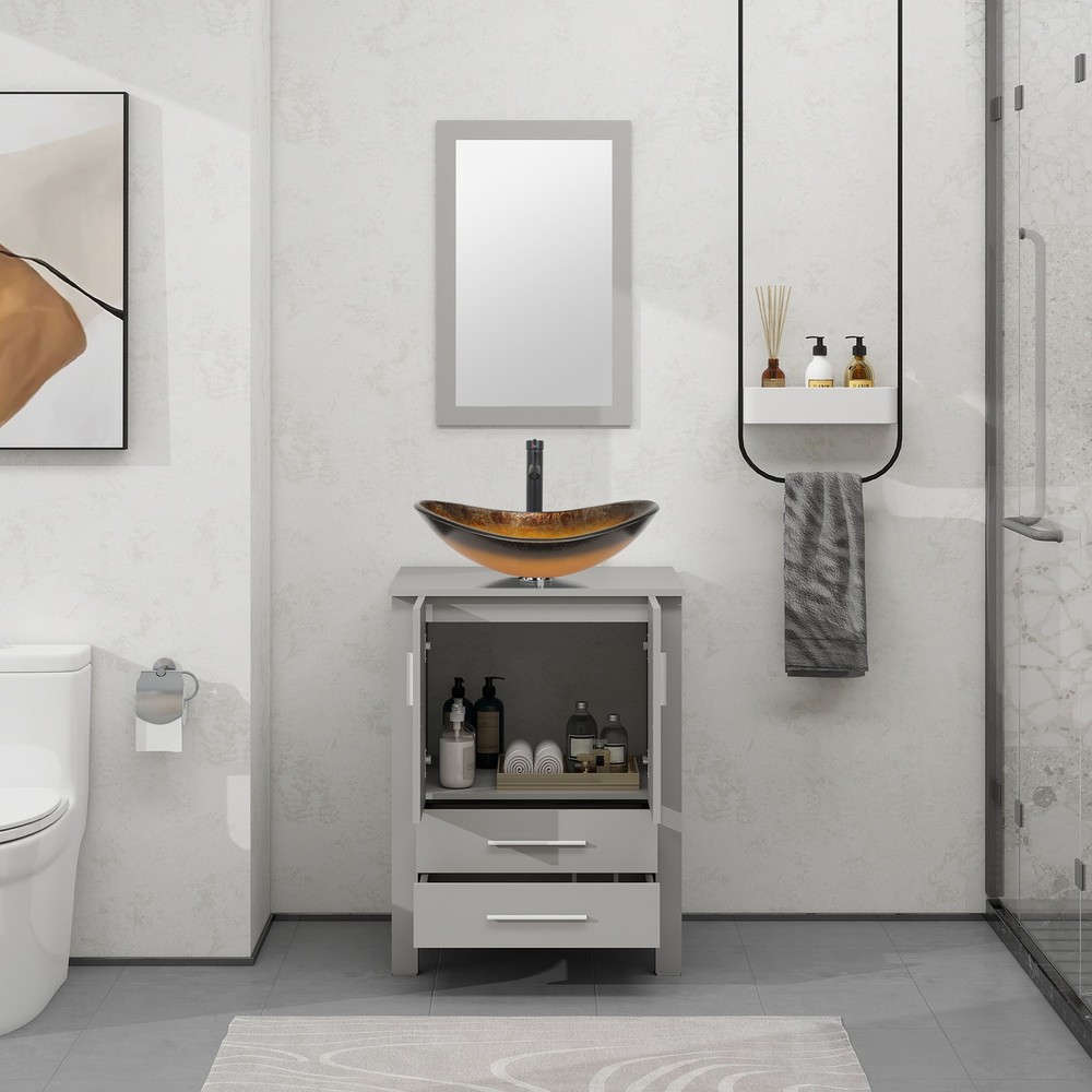 Modern 24" Bath Vanity Set: Vessel Sink, Soft-Close Drawer & Wall Mirror