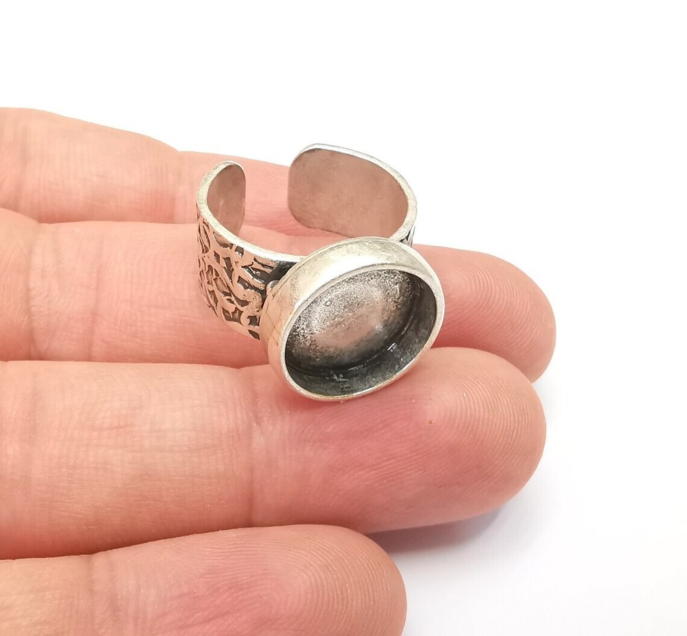 Round Antique Silver Ring Blank Setting, Cabochon Mounting Adjustable Resin Ring