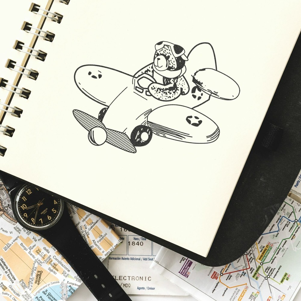 Bear Airplane Pilot Art Rubber Stamp